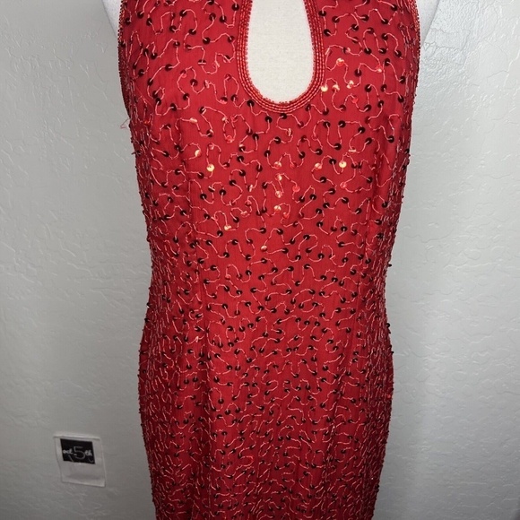 Scala Vintage 80s Red Beaded Sequin Slit Evening Dress Gown L - Picture 6 of 9